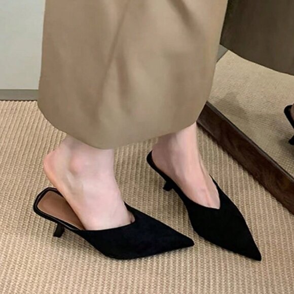 Black Preppy Women's High Heel Pointed Toe Mule Sandals - Picture 2 of 4